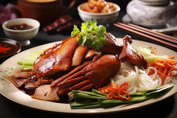 Roast duck served with noodles and spring onions
